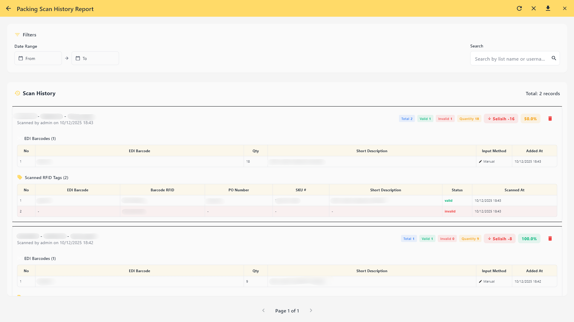 Packing History Report